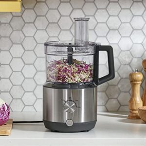 GE Food Processor | 12 Cup | Complete With 3 Feeding Tubes, Stainless Steel Mixing Blade & Shredding Disc | 3 Speed | Great for Shredded Cheese, Chicken & More | Kitchen Essentials | 550 Watts