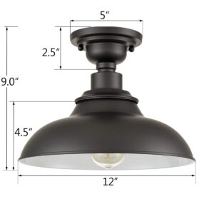 SAMTEEN 12-Inch Farmhouse Semi Flush Mount Ceiling Light Black 1-Light Industrial Barn Ceiling Light Matte Black Hallway Light Fixtures Ceiling for Bedroom Kitchen Foyer Loft