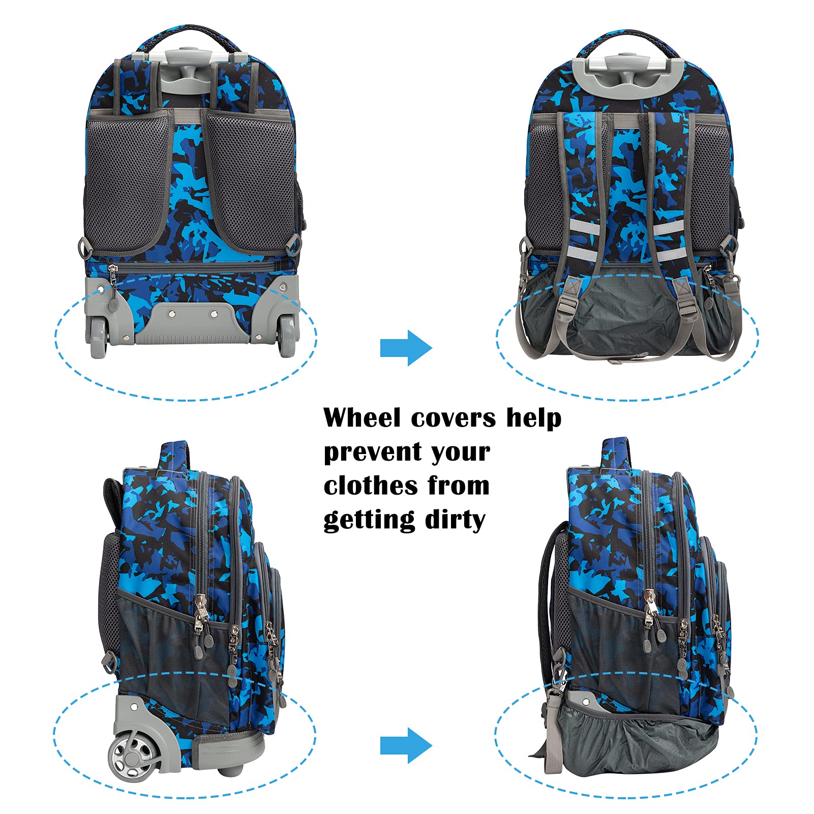 WEISHENGDA 18 inches Wheeled Rolling Backpack for Adults and School Students Short Trip Books Laptop Trolley Bags, Blue Camo