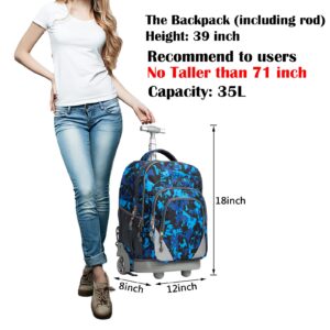 WEISHENGDA 18 inches Wheeled Rolling Backpack for Adults and School Students Short Trip Books Laptop Trolley Bags, Blue Camo