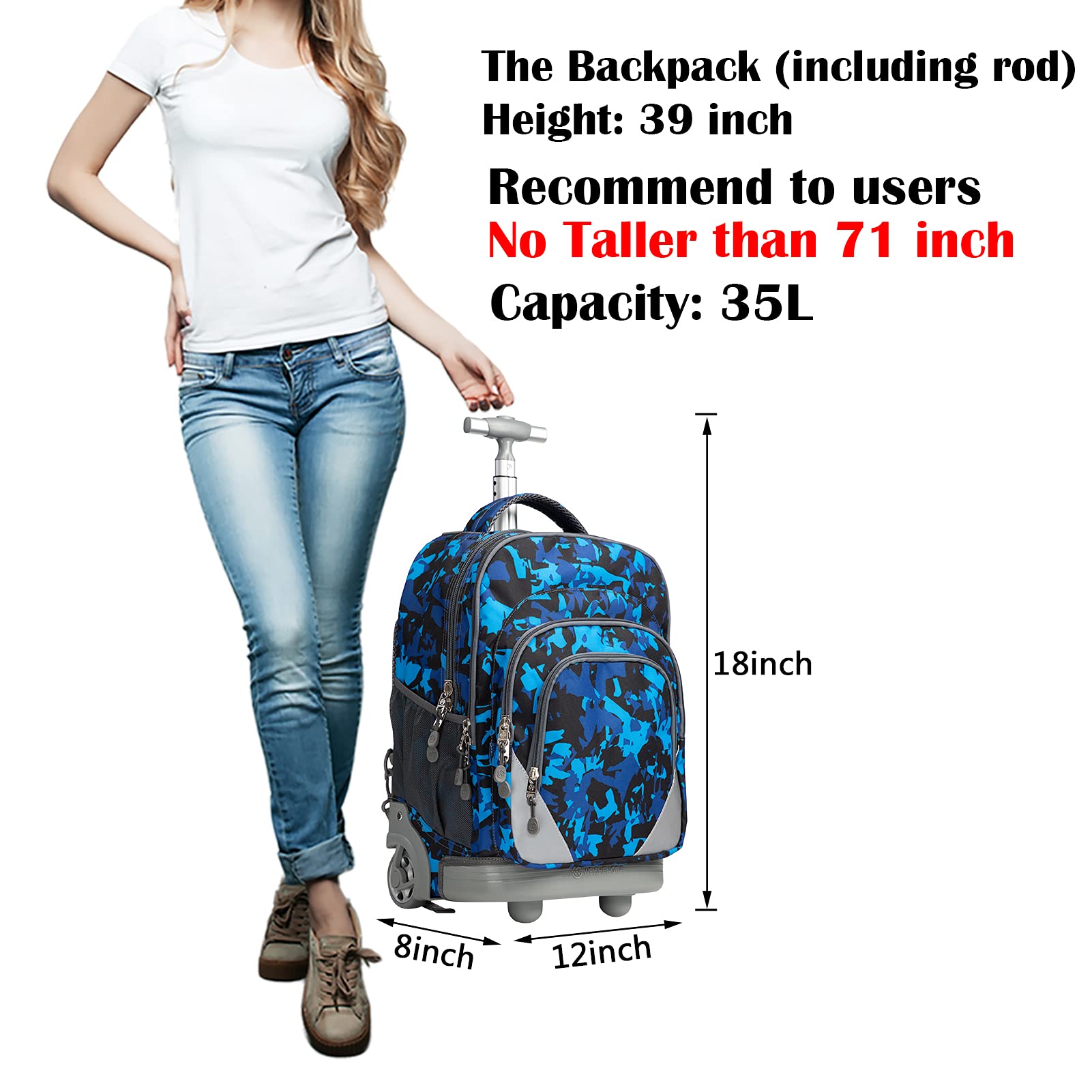 WEISHENGDA 18 inches Wheeled Rolling Backpack for Adults and School Students Short Trip Books Laptop Trolley Bags, Blue Camo