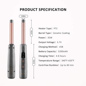 Aokitec 3/4 inch Cordless Travel Curling Iron Ceramic Coating Hair Curler with 5200mAh Battery, Instant Heating up to 420°F Wireless Battery Operated Curling Wand USB Charging Portable Hair Iron