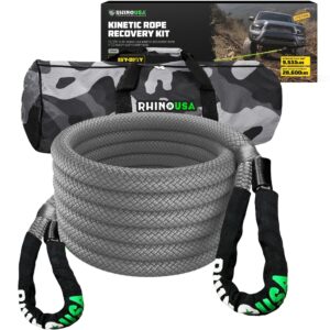 rhino usa kinetic recovery tow rope heavy duty offroad snatch strap for utv, atv, truck, car, tractor - ultimate elastic straps towing gear - guaranteed for life! (7/8" x 20' gray)