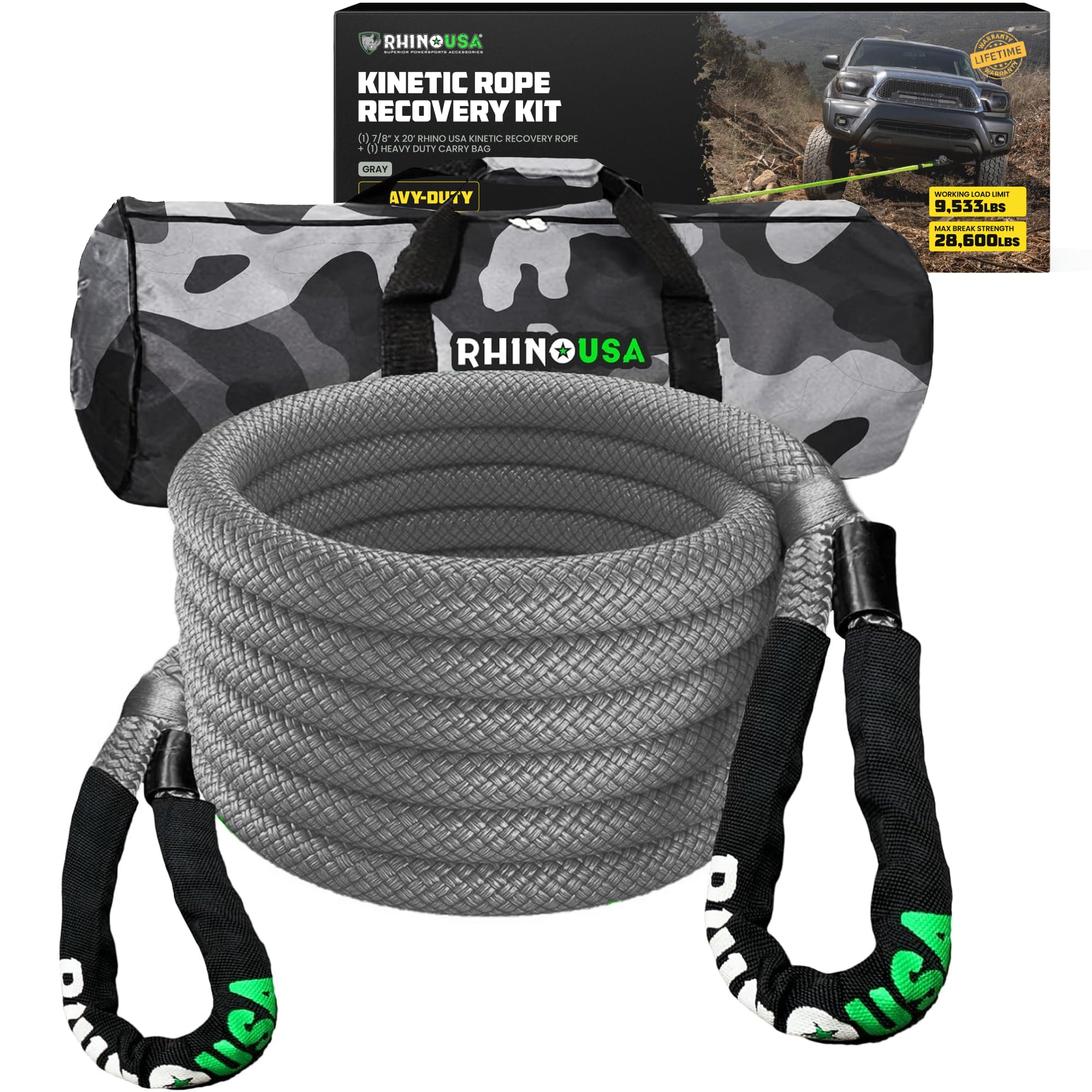 Rhino USA Kinetic Recovery Tow Rope Heavy Duty Offroad Snatch Strap for UTV, ATV, Truck, Car, Tractor - Ultimate Elastic Straps Towing Gear - Guaranteed for Life! (7/8" x 20' Gray)