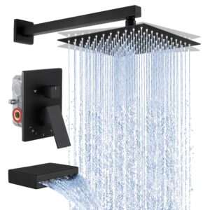 KES Tub and Shower Faucet Set Shower System with 10-Inch Rain Shower Head and Waterfall Tub Faucet Wall Mount Shower Valve and Trim Kit Included Matte Black, XB6240-BK