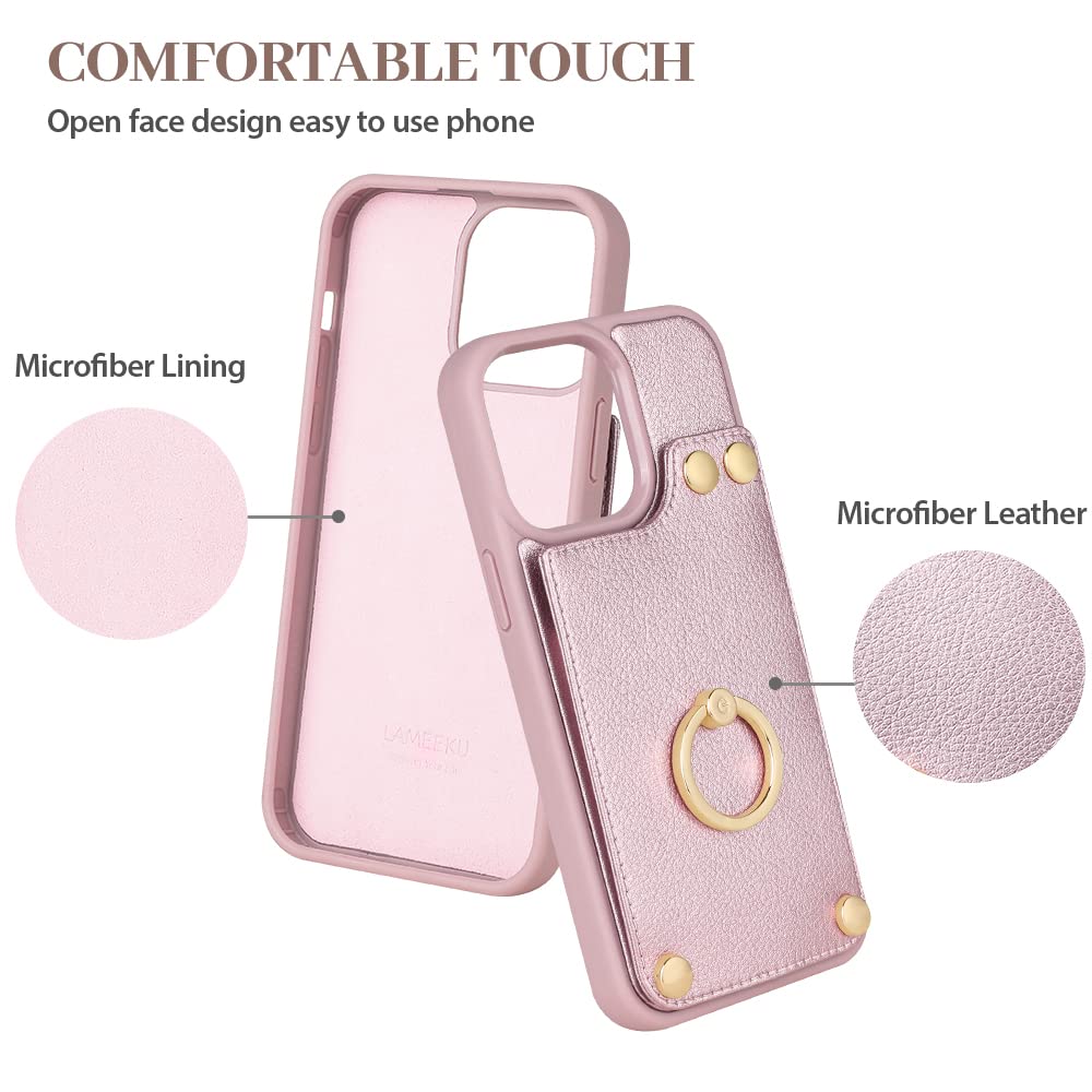 LAMEEKU for iPhone 12 Pro Max Wallet Case, Case with Card Holder Leather Cover 360°Rotation Ring Kickstand Protective Bumper Designed for Women for Apple iPhone 12 Pro Max 6.7'' Rose Gold