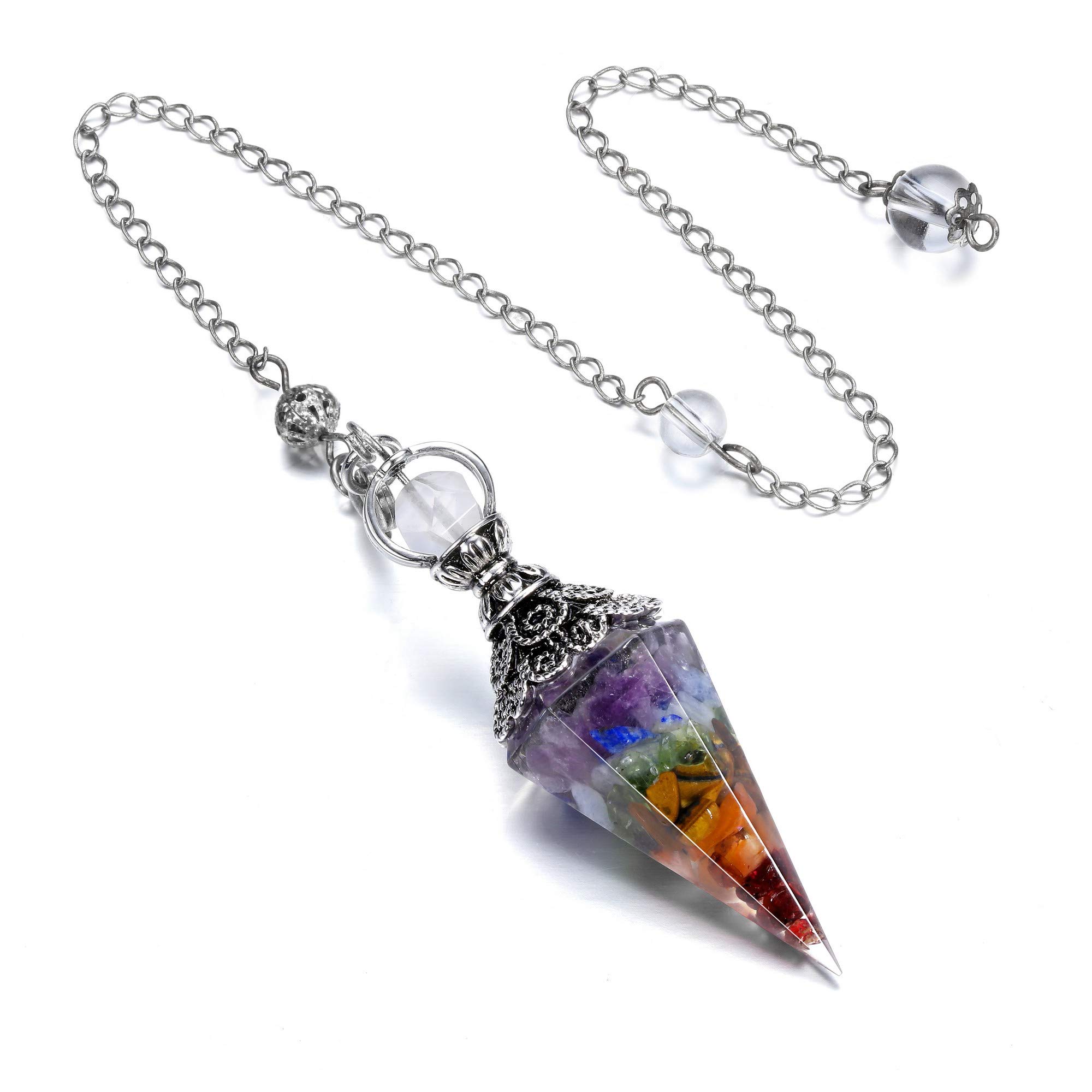 Jovivi 7 Chakra Healing Crystal Pendulums for Dowsing Divination 6 Facet Pointed Healing Wicca Dowsing Balancing Spiritual Resin Gemstone Point Pendant Pendulums