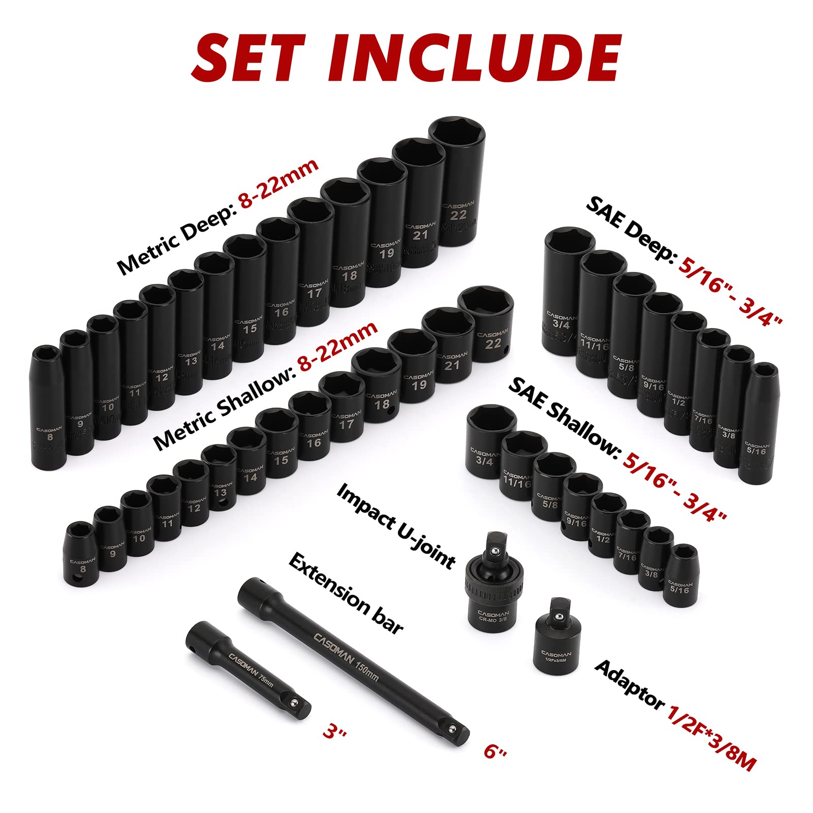 CASOMAN 3/8" Drive Impact Socket Set, 48 Piece Standard SAE and Metric Sizes (5/16-Inch to 3/4-Inch and 8-22 mm), 6 Point, Cr-V Steel Socket Set & 1/2" Drive Master Impact Socket Set, 36 Piece Deep, S