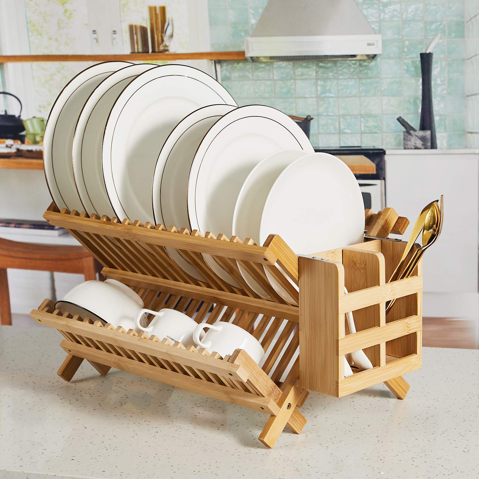 NOVAYEAH Bamboo Dish Drying Rack-2 Tier, Collapsible Small Dish Rack with Utensil Holder, Wooden Drying Rack for Kitchen Counter, Apartment Essentials Kitchen Plate Holder, Kitchen Organization