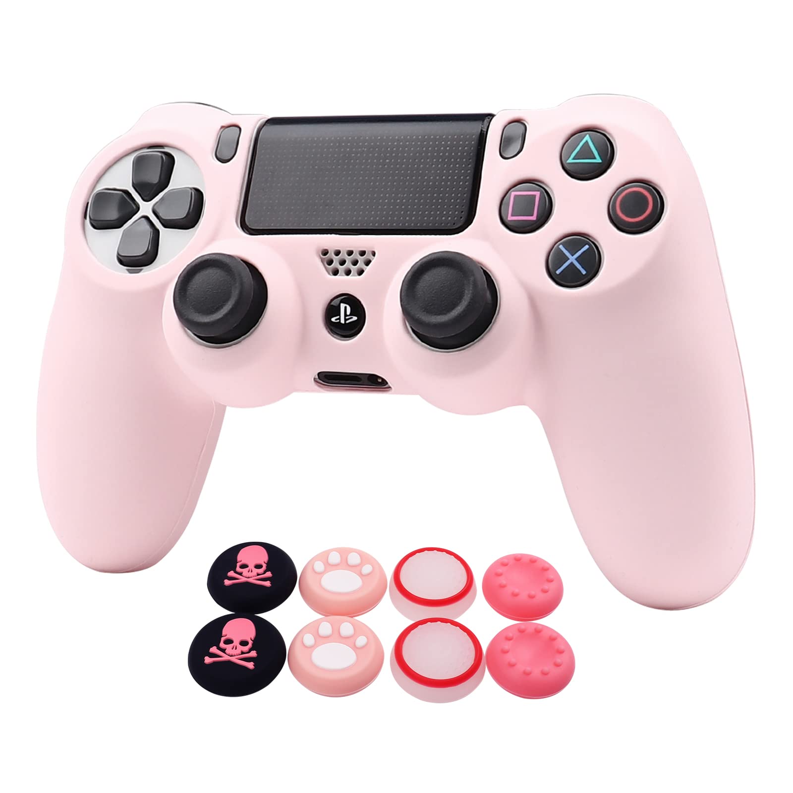 RALAN Pink Controller Skins for PS4, Silicone Controller Cover Skin Protector Compatible with PS4 Slim/PS4 Pro Controller (Pink Pro Thumb Grip x 6,Skull Cap Grip x 2)(Camouflage Pink+White Pink