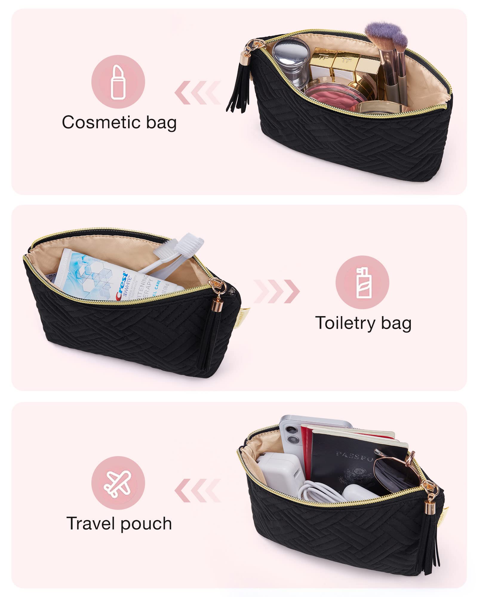 BAGSMART Small Cosmetic Bag, Elegant Roomy Makeup Bags,Great Gifts for Women,Travel Waterproof Toiletry Bag Accessories Organizer Gifts(Black-1pcs)