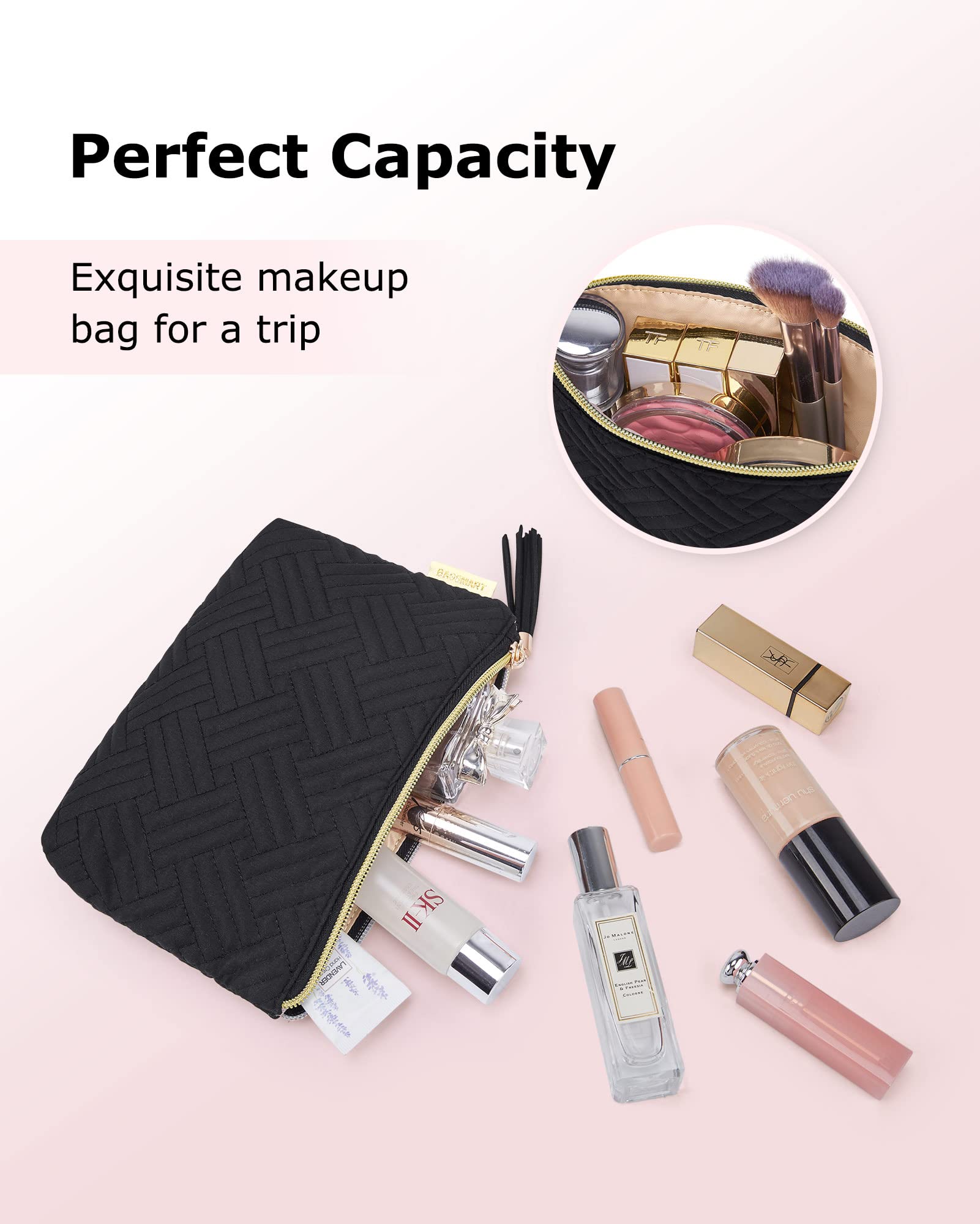 BAGSMART Small Cosmetic Bag, Elegant Roomy Makeup Bags,Great Gifts for Women,Travel Waterproof Toiletry Bag Accessories Organizer Gifts(Black-1pcs)