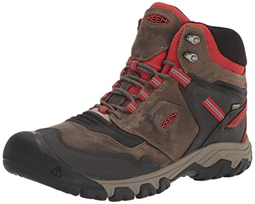 KEEN Men's Ridge Flex Mid Height Waterproof Hiking Boots, Dark Olive/Ketchup, 10.5