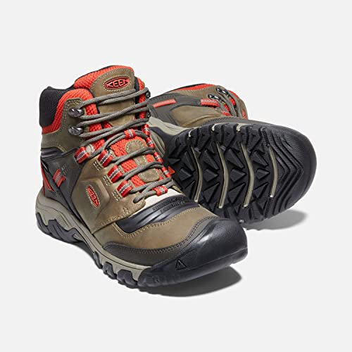 KEEN Men's Ridge Flex Mid Height Waterproof Hiking Boots, Dark Olive/Ketchup, 10.5