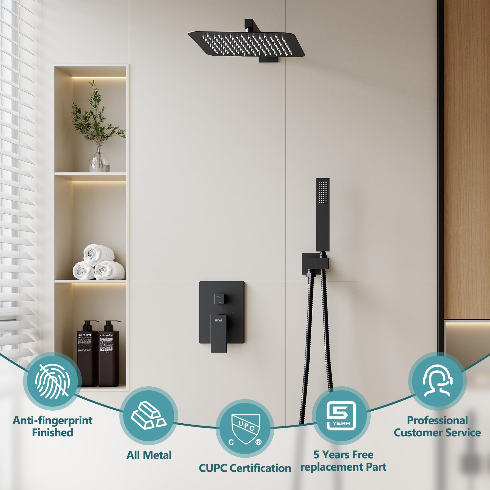 ESNBIA Shower System, Black Shower Faucet Set with Pressure Balance Shower Valve, 10 Inches Rain Shower Heads with Handheld Spray Combo, High Pressure Wall Mounted Shower Fixtures, Matte Black