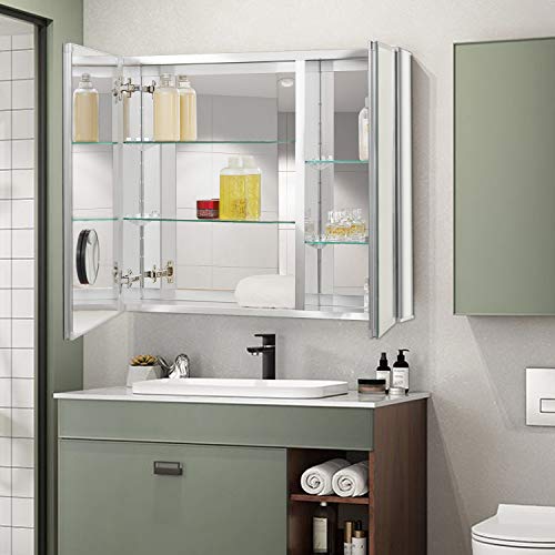 Fundin Bathroom Mirror Medicine Cabinet Aluminum Storage Cabinet 30 x 26 inch Beveled Edge Frameless Double Sided Mirror Door Recess or Surface Mount with 5X Magnifying Makeup Mirror