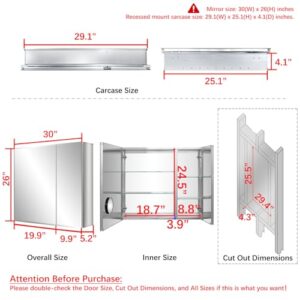 Fundin Bathroom Mirror Medicine Cabinet Aluminum Storage Cabinet 30 x 26 inch Beveled Edge Frameless Double Sided Mirror Door Recess or Surface Mount with 5X Magnifying Makeup Mirror