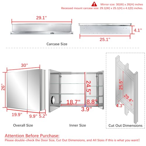 Fundin Bathroom Mirror Medicine Cabinet Aluminum Storage Cabinet 30 x 26 inch Beveled Edge Frameless Double Sided Mirror Door Recess or Surface Mount with 5X Magnifying Makeup Mirror