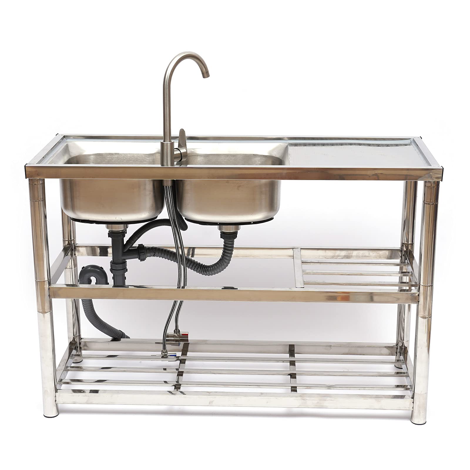 Commercial Restaurant Sink - Stainless Steel Utility Sink Free-standing Kitchen Sink Set Double Bowl Kitchen Sinks Commercial Pull Faucet Kitchen Sink & Faucet Combo with Strainer, 47Inch Rectangular