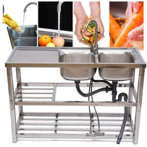 Commercial Restaurant Sink - Stainless Steel Utility Sink Free-standing Kitchen Sink Set Double Bowl Kitchen Sinks Commercial Pull Faucet Kitchen Sink & Faucet Combo with Strainer, 47Inch Rectangular