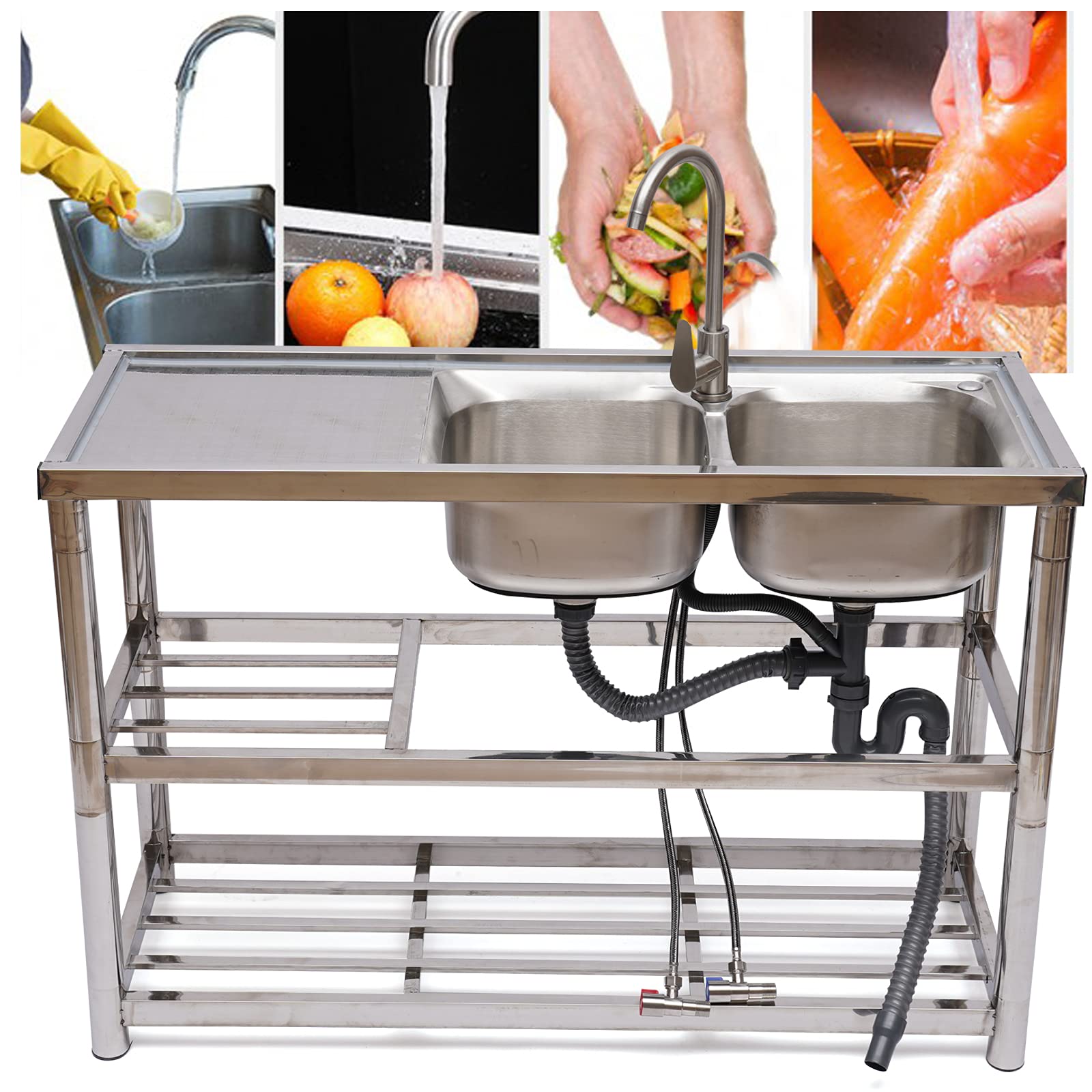 Commercial Restaurant Sink - Stainless Steel Utility Sink Free-standing Kitchen Sink Set Double Bowl Kitchen Sinks Commercial Pull Faucet Kitchen Sink & Faucet Combo with Strainer, 47Inch Rectangular