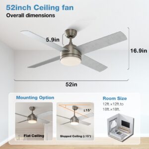 warmiplanet Ceiling Fan with LED Light and Remote Control, Brushed Motor, 52-Inch (4-Blades)