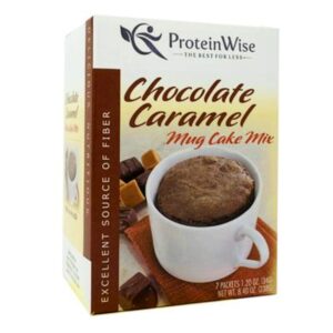 proteinwise high protein mug cake mix, chocolate caramel, gluten free, trans fat free, high fiber, diet healthy snack, 7 count