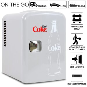 Coca-Cola Diet Coke 4L Cooler/Warmer w/ 12V DC and 110V AC Cords, 6 Can Portable Mini Fridge, Personal Travel Refrigerator for Snacks Lunch Drinks Cosmetics, Desk Home Office Dorm, Gray