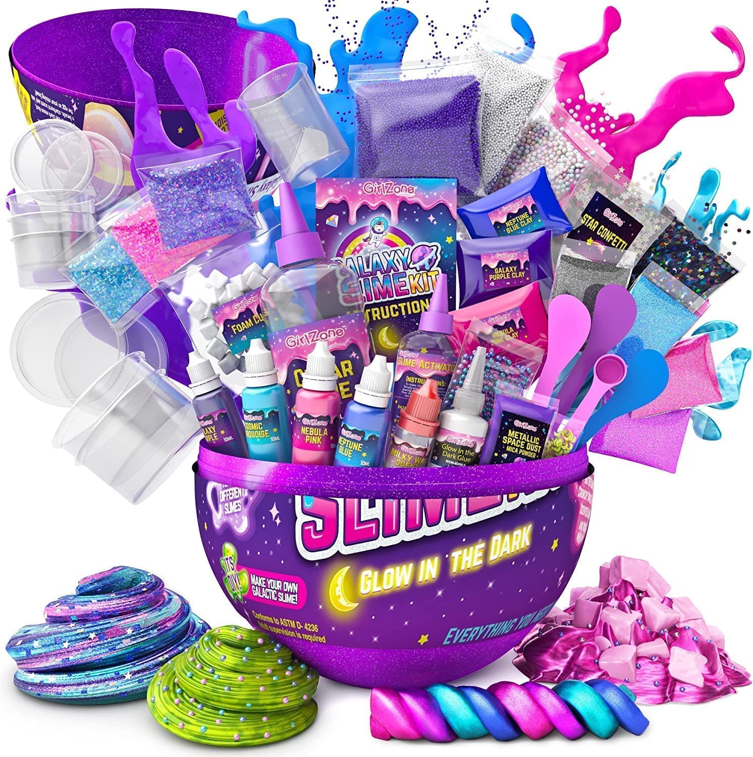 GirlZone Egg Surprise Galaxy Slime Kit for Girls, 41 Pieces to Make Glow in The Dark Slime, DIY Slime with Glitter, Fun Slime Kits for Girls 10-12