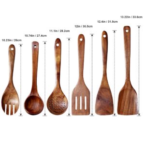 Wooden Kitchen Utensil Set Uncoated Dishwasher Safe Bamboo Cooking Utensils Set with Holes, Organic Teak Wooden Spoons for Cooking (Dark Brown)