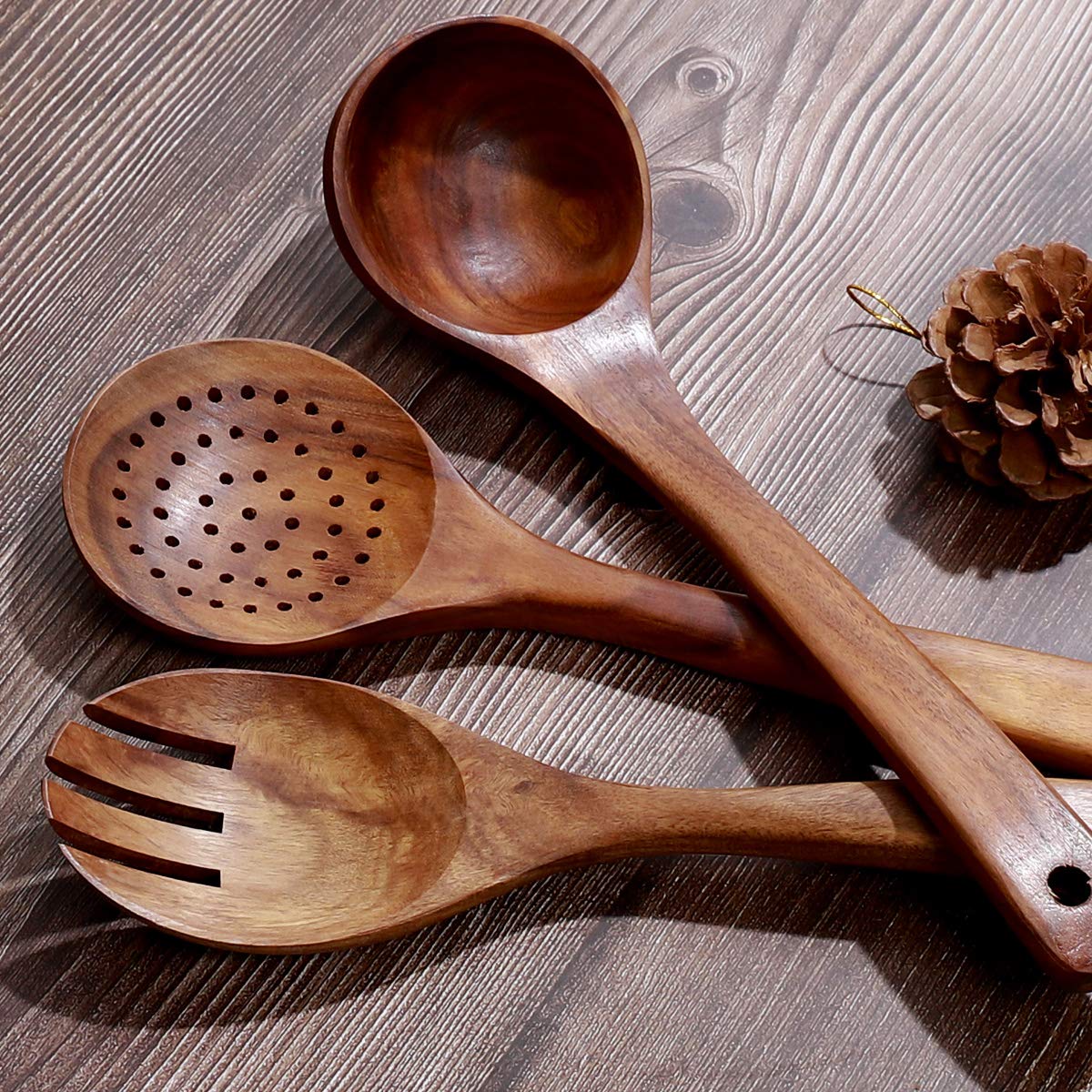 Wooden Kitchen Utensil Set Uncoated Dishwasher Safe Bamboo Cooking Utensils Set with Holes, Organic Teak Wooden Spoons for Cooking (Dark Brown)