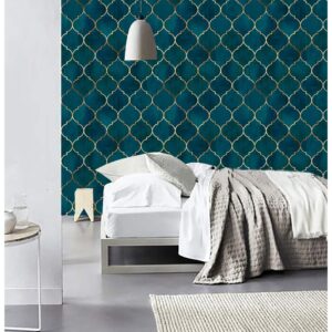 HAOKHOME 96034 Peel and Stick Wallpaper Graphic Trellis Emerald/Sapphire Blue/Gold Removable contactpaper for Home Bathroom Decorations 17.7in x 9.8ft