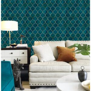 HAOKHOME 96034 Peel and Stick Wallpaper Graphic Trellis Emerald/Sapphire Blue/Gold Removable contactpaper for Home Bathroom Decorations 17.7in x 9.8ft