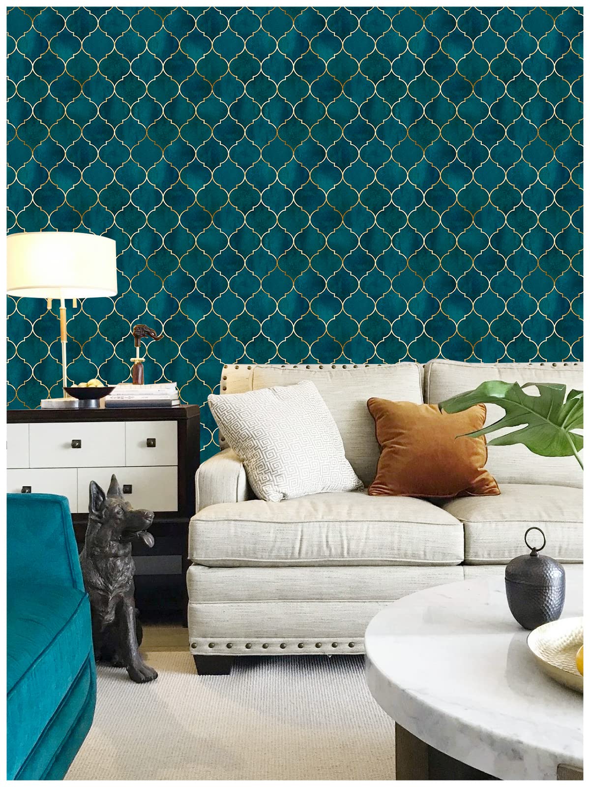 HAOKHOME 96034 Peel and Stick Wallpaper Graphic Trellis Emerald/Sapphire Blue/Gold Removable contactpaper for Home Bathroom Decorations 17.7in x 9.8ft