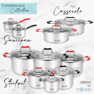 Millvado Stainless Steel Casserole Pot, Large Steel Dutch Oven, Boiling Pot for Soup, Spaghetti, Braising, 8.4 Quart Induction Cooking Pot, Urban Collection Low Round Mirrored Stainless Pots