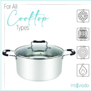 Millvado Stainless Steel Casserole Pot, Large Steel Dutch Oven, Boiling Pot for Soup, Spaghetti, Braising, 8.4 Quart Induction Cooking Pot, Urban Collection Low Round Mirrored Stainless Pots