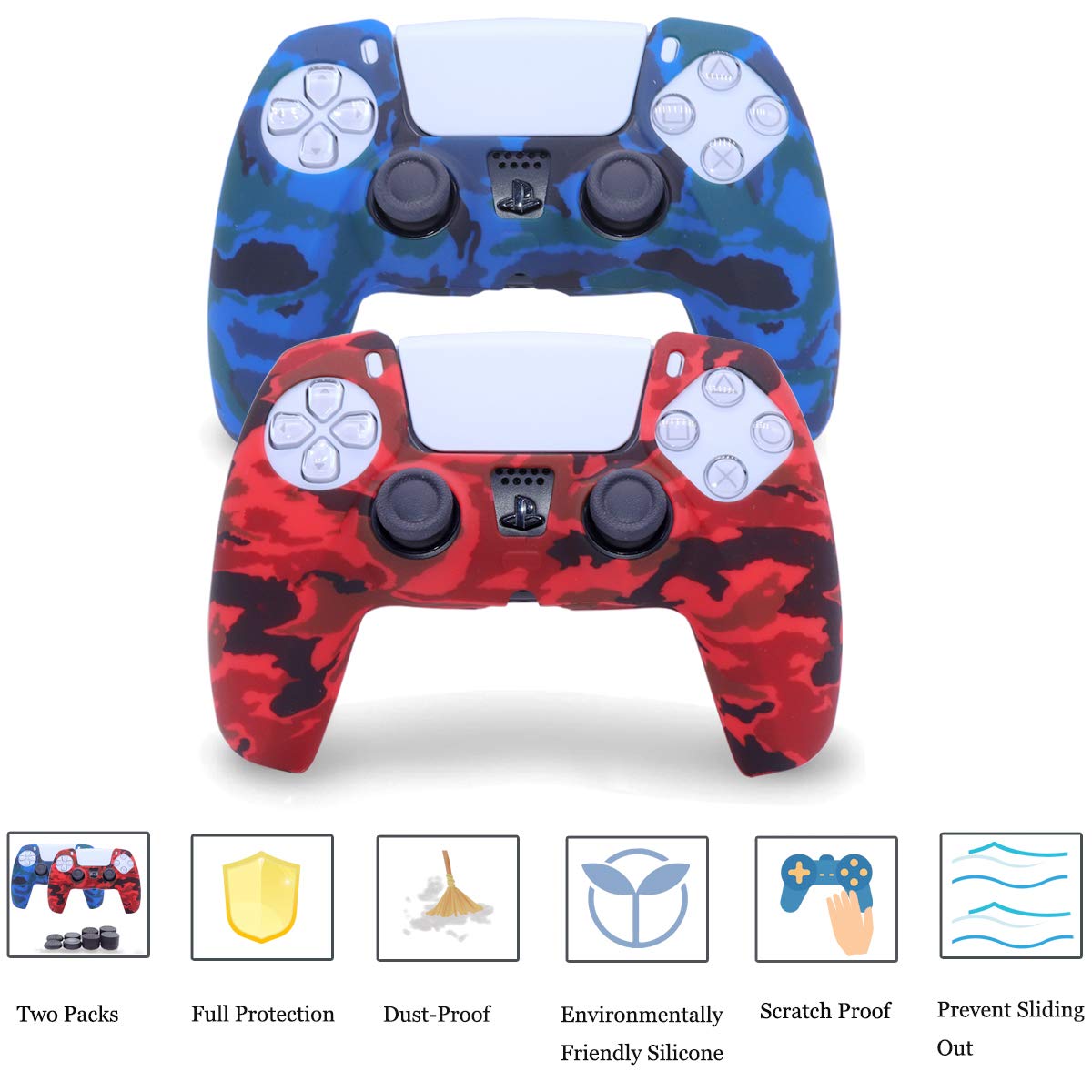 Sofunii 2 Pack Silicone Controller Skins Camo Anti-Slip Cover Case Protector Sleeve for PlayStation 5 /PS5 Controller with 8 x Thumb Grip Caps(Blue,Red)