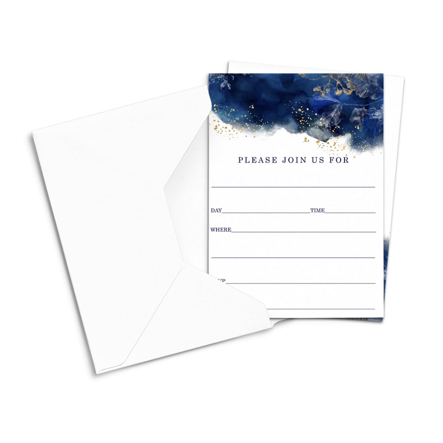 Blue Invitations with Envelopes, All Occasion Party Invites for Wedding, Birthday, Bridal Shower, Graduation, Reception, 5x7 Blank Cards, Gold Watercolor Floral, 25 Count