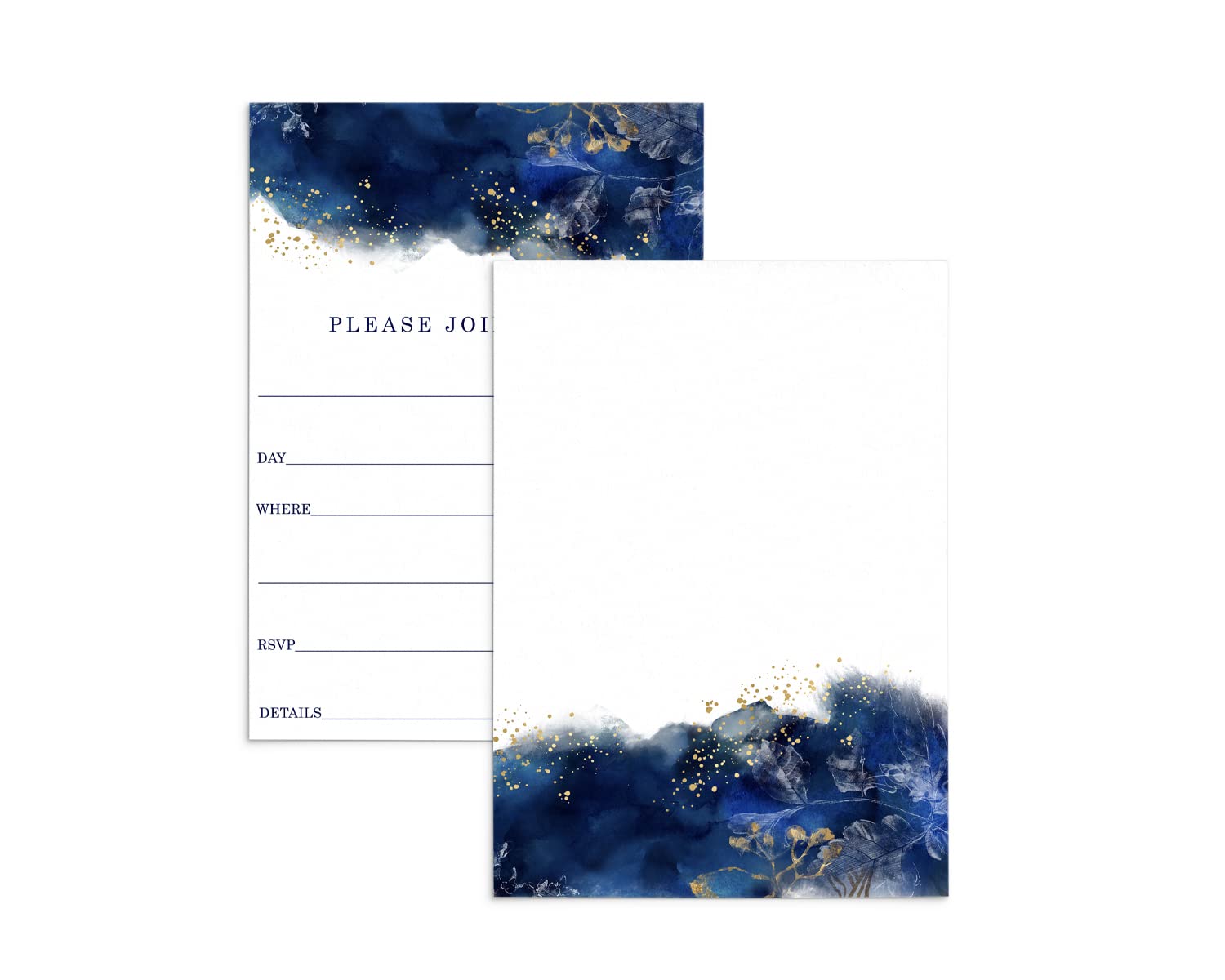 Blue Invitations with Envelopes, All Occasion Party Invites for Wedding, Birthday, Bridal Shower, Graduation, Reception, 5x7 Blank Cards, Gold Watercolor Floral, 25 Count