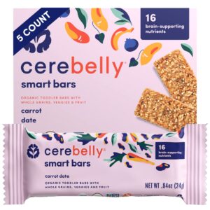 cerebelly toddler snack bars – organic carrot date smart bars (pack of 5), healthy & organic whole grain bars with veggies & fruit, 16 brain-supporting nutrients from superfoods, nut free, no added sugar, made with gluten free ingredients