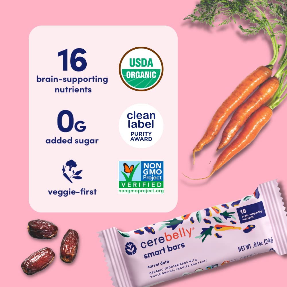 Cerebelly Toddler Snack Bars – Organic Carrot Date Smart Bars (Pack of 5), Healthy & Organic Whole Grain Bars with Veggies & Fruit, 16 Brain-supporting Nutrients from Superfoods, Nut Free, No Added Sugar, Made with Gluten Free Ingredients