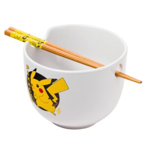 silver buffalo pokemon pikachu ceramic ramen noodle rice bowl with chopsticks, microwave safe, 20 ounces