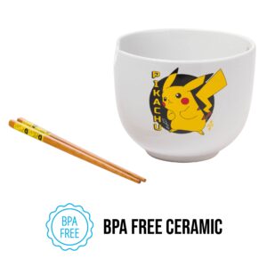 Silver Buffalo Pokemon Pikachu Ceramic Ramen Noodle Rice Bowl with Chopsticks, Microwave Safe, 20 Ounces