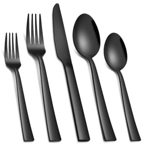 homikit 30-piece black silverware flatware set, stainless steel square cutlery set for 6, eating utensils tableware include knife spoon fork, shiny mirror polished, dishwasher safe