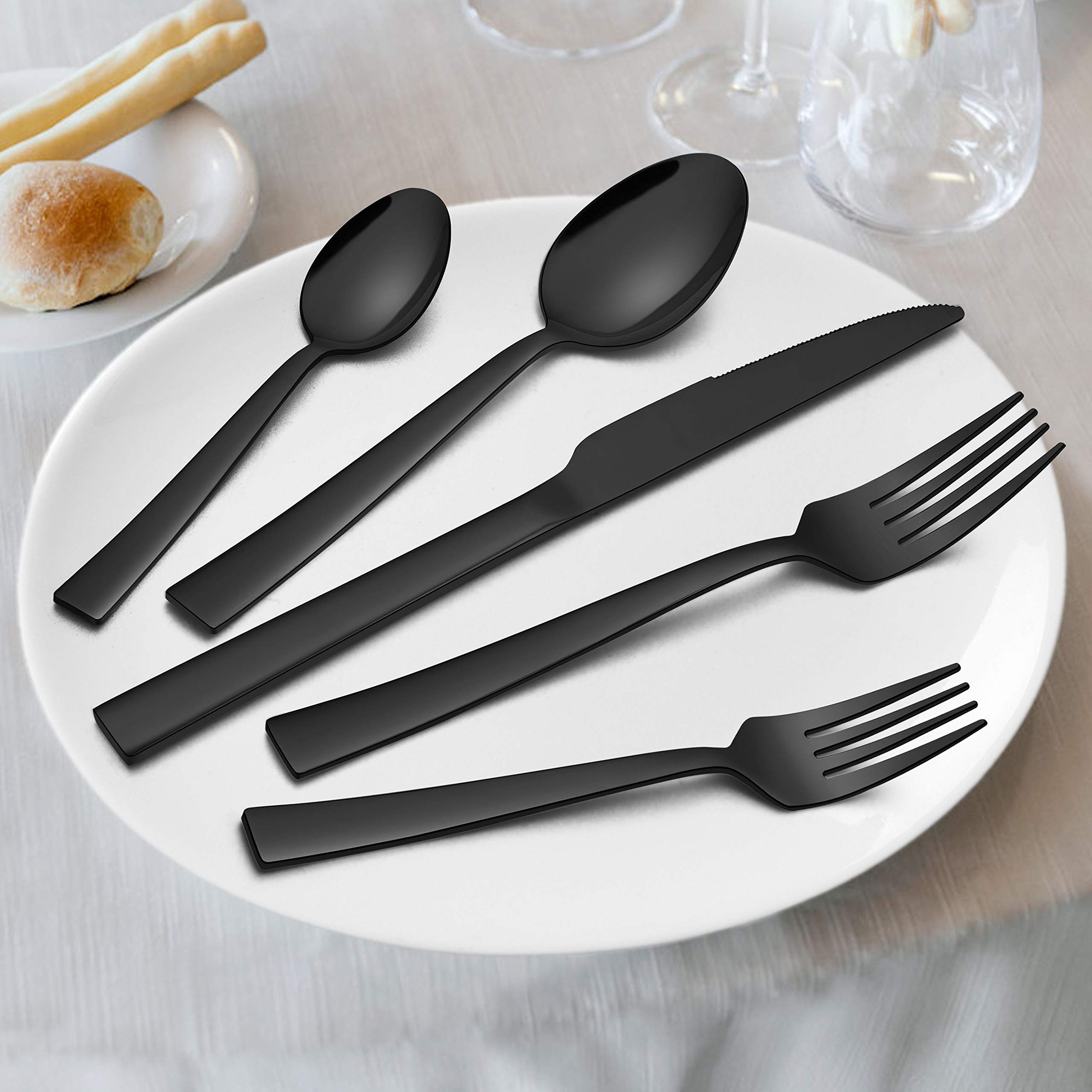 Homikit 30-Piece Black Silverware Flatware Set, Stainless Steel Square Cutlery Set for 6, Eating Utensils Tableware Include Knife Spoon Fork, Shiny Mirror Polished, Dishwasher Safe