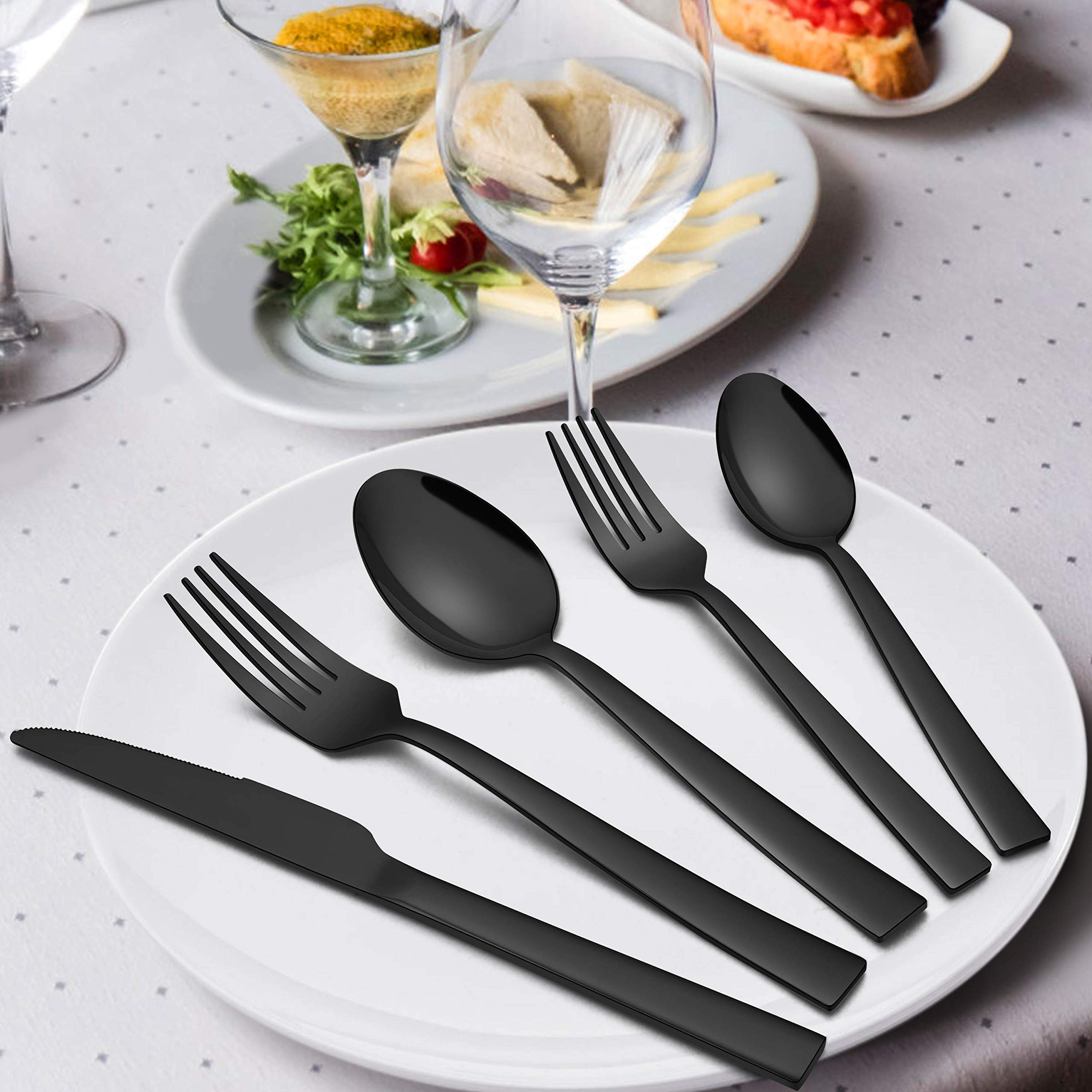 Homikit 30-Piece Black Silverware Flatware Set, Stainless Steel Square Cutlery Set for 6, Eating Utensils Tableware Include Knife Spoon Fork, Shiny Mirror Polished, Dishwasher Safe