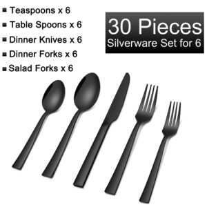 Homikit 30-Piece Black Silverware Flatware Set, Stainless Steel Square Cutlery Set for 6, Eating Utensils Tableware Include Knife Spoon Fork, Shiny Mirror Polished, Dishwasher Safe