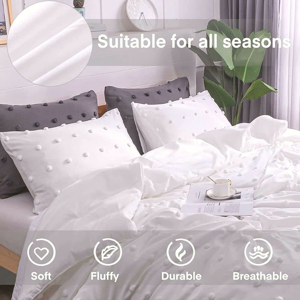 Paxrac Tufted White Queen Comforter Set (90x90 inches), 3 Pieces- Soft Cotton Jacquard Lightweight Comforter with 2 Pillowcases, Chenille Dots All Season Down Alternative Comforter Set for Bedding