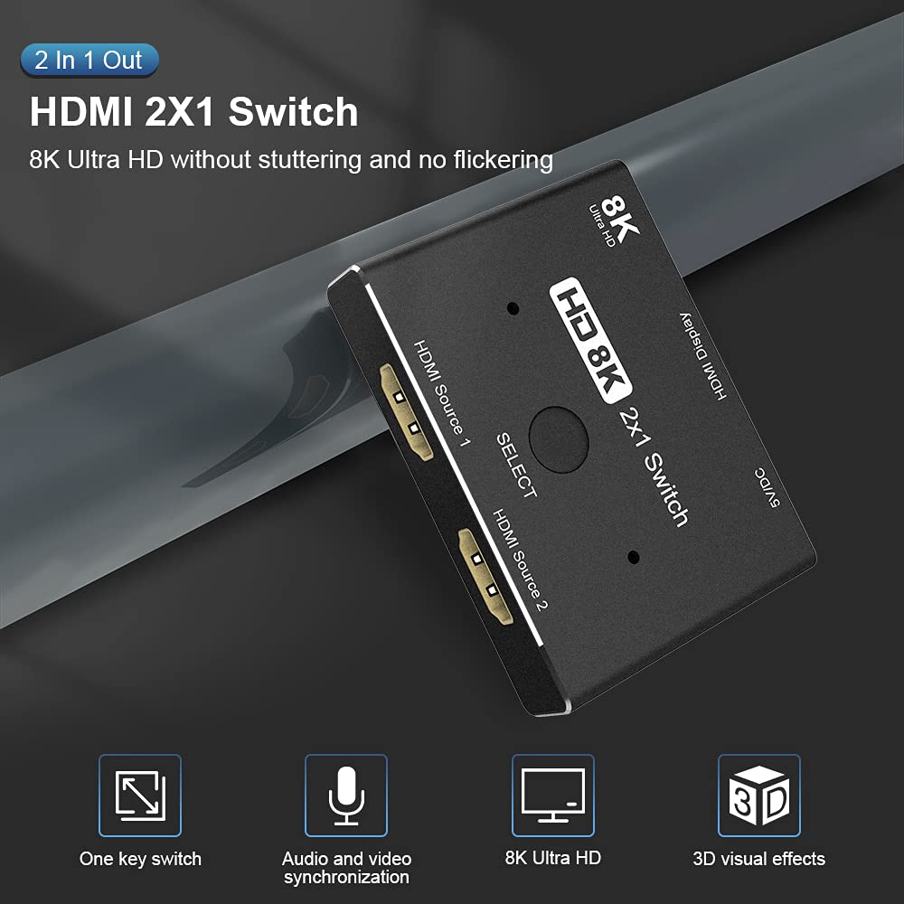 CABLEDECONN HDMI 2.1 Ultra HD 8K High Speed 48Gbps Directional Switch Adapter 2in 1out 8K@60Hz 4K@120Hz Converter Compatible with XBOX PS5 Projectors Monitors