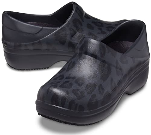 Crocs Women's Neria Pro II Clogs, Slip Resistant Work Shoes, Black/Leopard, Numeric_6